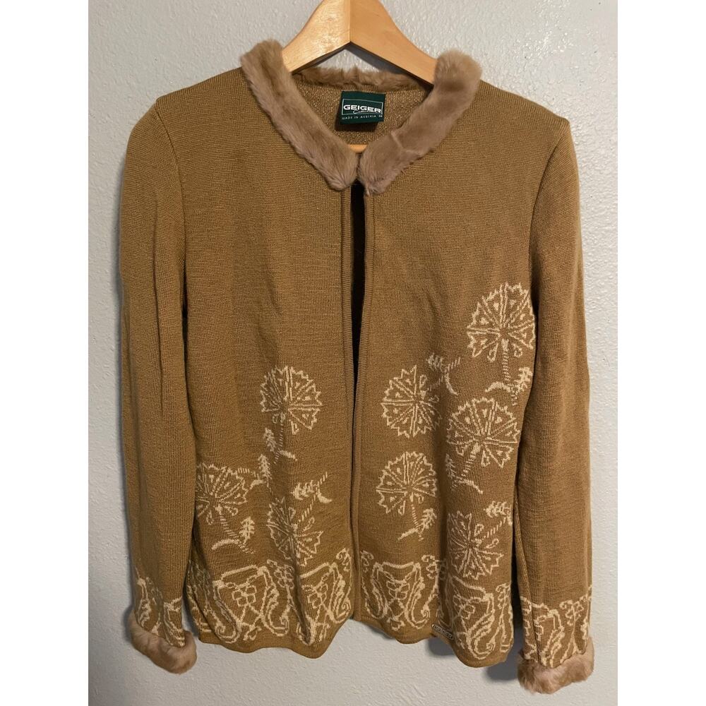 Geiger Cashmere-Blend Faux Fur Trim Brown Cardigan Sweater 100% wool and fur